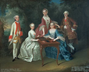 Groepsportret van de familie Harrach die backgammon speelt, inclusief generaal graaf Ferdinand Harrach, graaf Ferdinand Bonaventura Harrach met Rosa, Anna en Josephine